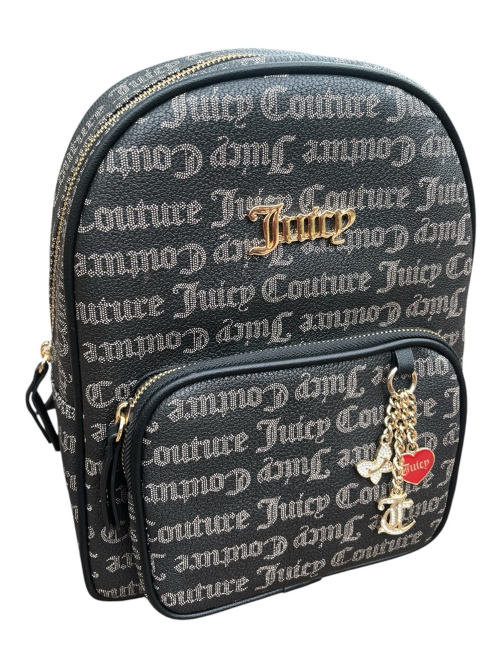 Juicy Couture Good Vibes Backpack Black/Taupe Gothic & Gold Tone Bag Charms